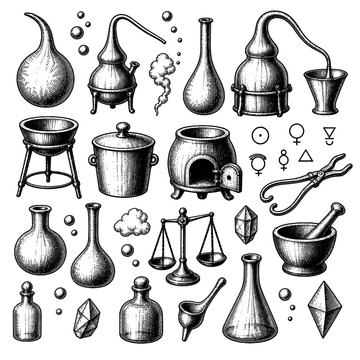 Antique Alchemy Laboratory Glassware Furnaces and Symbols