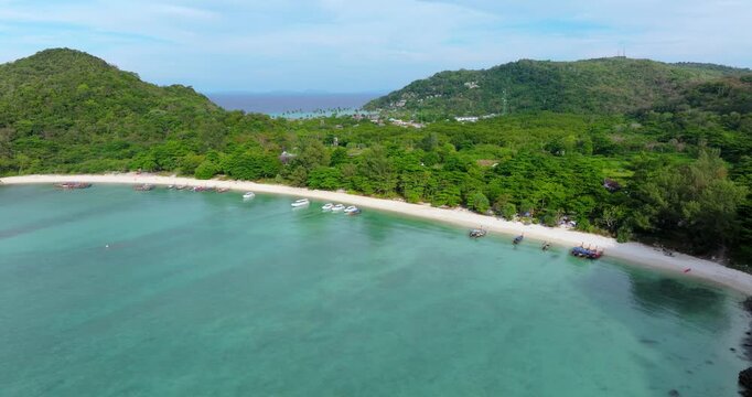 Aerial Drone View of Loh Lana Bay and Turquoise Waters &ndash; Phi Phi island, Thailand Tropical Paradise
