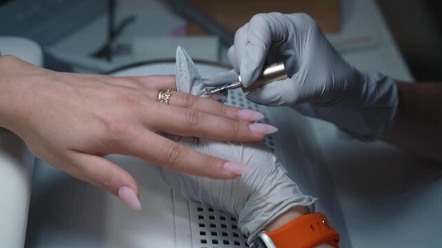 Nail technician applies glitter color gel to extended nail during professional manicure procedure in beauty salon