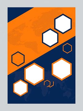 Global logistics and corporate cargo shipping flyer template layout with vibrant orange isometric grid and blank hexagonal placeholders