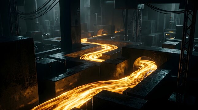 Glowing molten liquid metal flows through dark industrial concrete channels during a high temperature metallurgical process inside a factory setting
