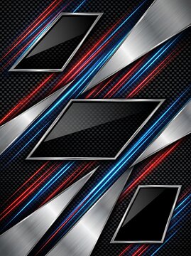 Premium car rental and automotive service flyer background layout with dark carbon fiber racing red speed lines and blank trapezoid frames