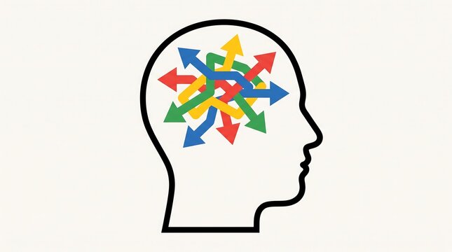 A conceptual illustration of a human head silhouette with colorful arrows representing mental health for world aids day awareness