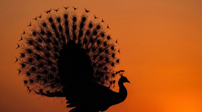 Peacock silhouette with fanned tail feathers against golden sunset