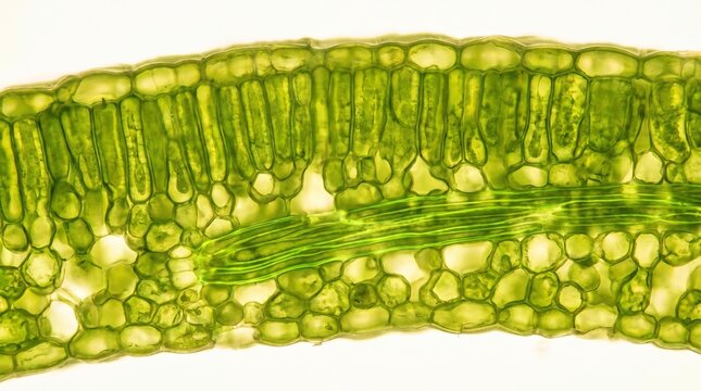 Cross section plant stem showing cellular structure, chlorophyll tissue