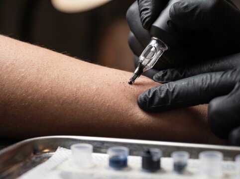 Close-up of Tattoo Artist Applying Black Ink to Skin