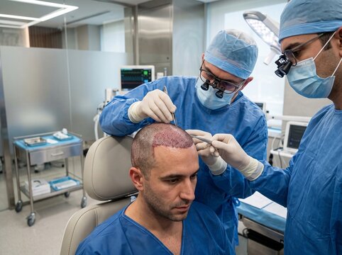 Hair transplant surgery procedure on a male patient in clinic