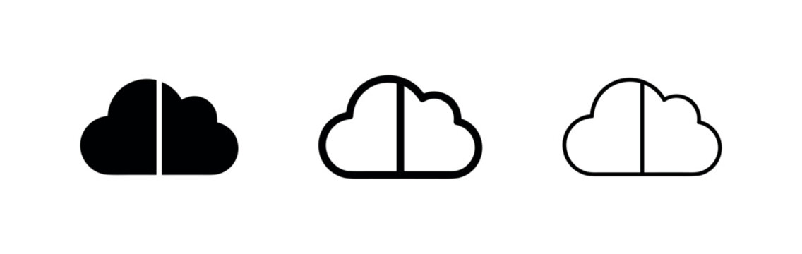 Divided cloud icon set, representing cloud segmentation, data comparison, or different cloud service parts.