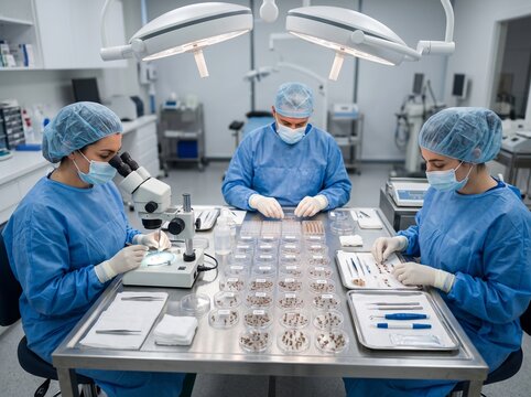 Medical Team Analyzing Samples in Modern Laboratory with Microscope