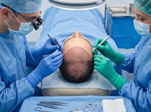 Medical Surgeons Performing Hair Follicle Transplantation on Patient Scalp