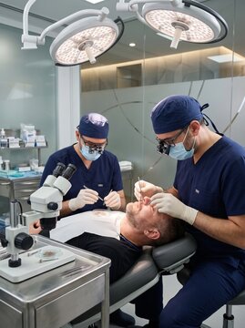Surgeons Performing Hair Transplant Procedure in a Modern Medical Clinic