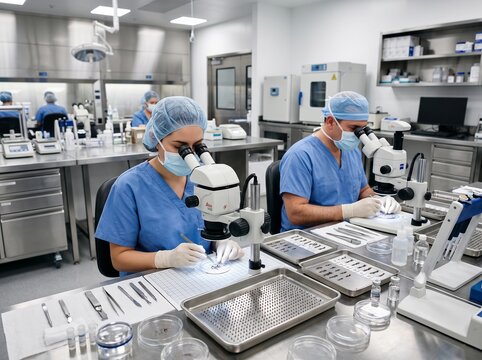 Laboratory Professionals Working with Microscopes in a Sterile Medical Lab
