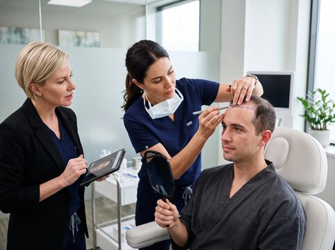 Doctor marking male patient's hairline for hair transplant procedure