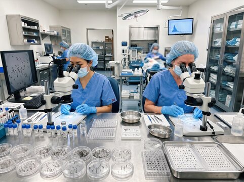 Scientists Using Microscopes for Research in a Sterile Medical Laboratory