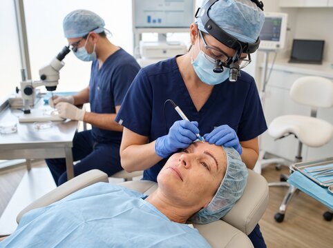 Medical Professional Performing Cosmetic Brow Procedure in Modern Clinic