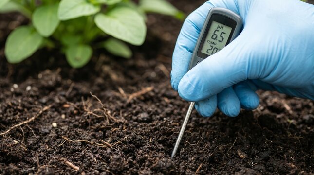 Scientist measuring soil pH level in garden with seedling