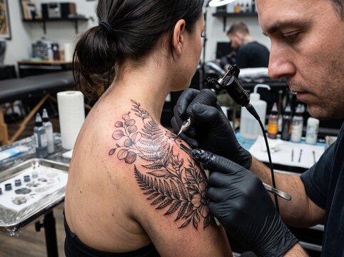 Professional tattoo artist creating botanical body art on woman's shoulder