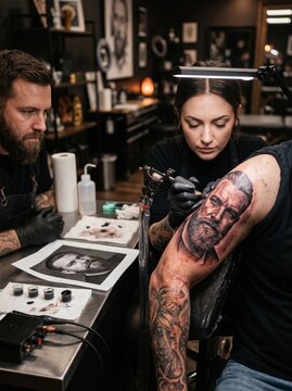Professional tattoo artist working on a detailed portrait tattoo