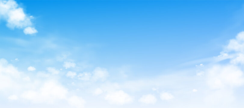 Sky Blue Background with Soft Light on White Clouds.Winter Clear Sky, Cloudy Wide Panorama, Heaven Scene Horizon for Summer Beach Banner, Spring Nature Landscape, Vector Art Illustration Design