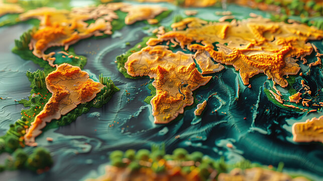 Stylish World Map Decoration with 3D Relief Effect, Vintage Aest