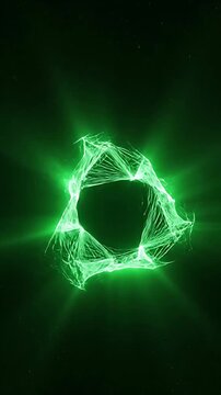 Geometric Triangles Morphing and Rotating in a Dark Green Space. Abstract Animated Design with Glowing Lines and Particle Effects.
