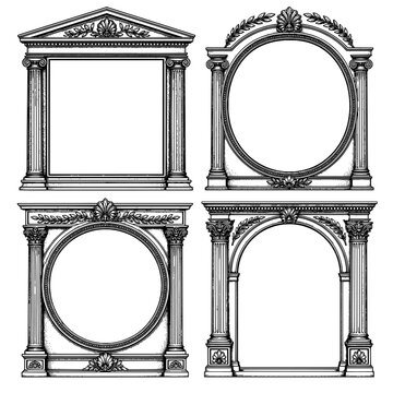 Neoclassical Column Frames with Pediments and Laurel Details