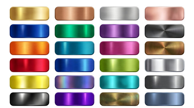 Collection of various metallic gradient buttons with shiny textures and vibrant colors on black background