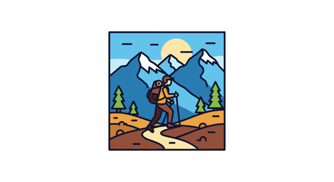 Man wearing backpack and hiking poles.
