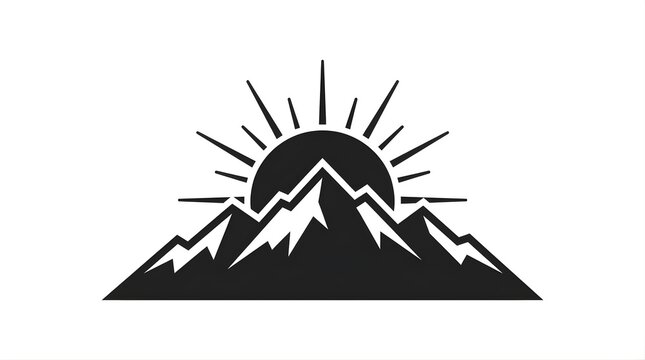 Minimalist mountain range and rising sun graphic icon on white background