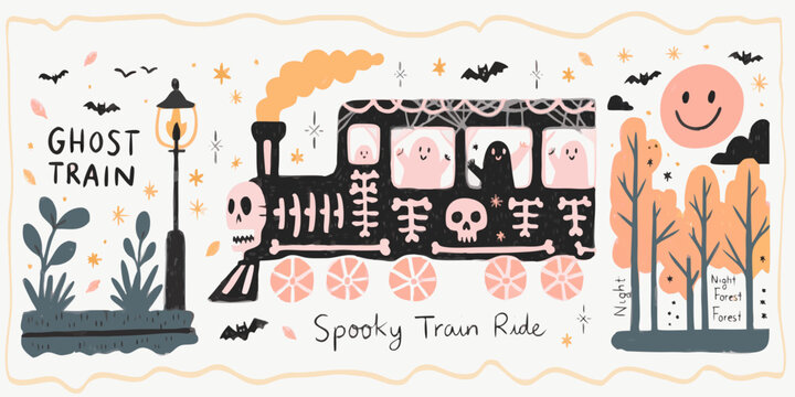 A whimsical ghost train illustration with smiling specters and a moonlit backdrop