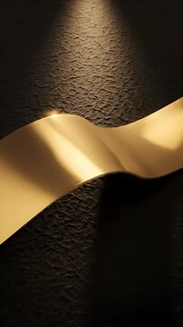 Golden Ribbon Flowing Across Textured Wall with Dynamic Lighting. Elegant Abstract Motion Graphics for Luxury Branding and Design.