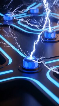 Circuit Board with Glowing Blue Energy Pulses, Transitioning From Subtle to Intense Electrical Discharge Animation.