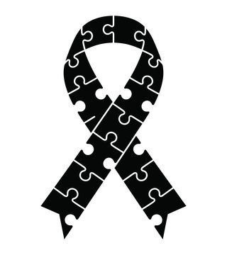 Awareness ribbon symbol made of interlocking black puzzle pieces on a plain white background with jigsaw puzzle cause awareness support ribbon abstract