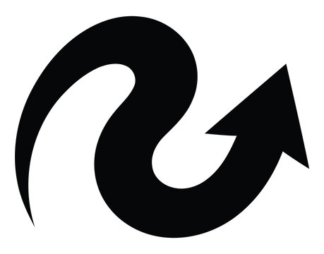 Black curved wavy arrow pointing upward and right on white background with black pointer dynamic shape direction sign flow graphic path vector