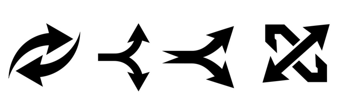 Set of black directional arrows showing various split and cross paths with arrow set black pointers fork sign shuffle graphic options vector junction