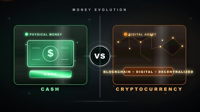 Money Evolution Physical Cash vs Cryptocurrency Blockchain HUD Motion Graphic