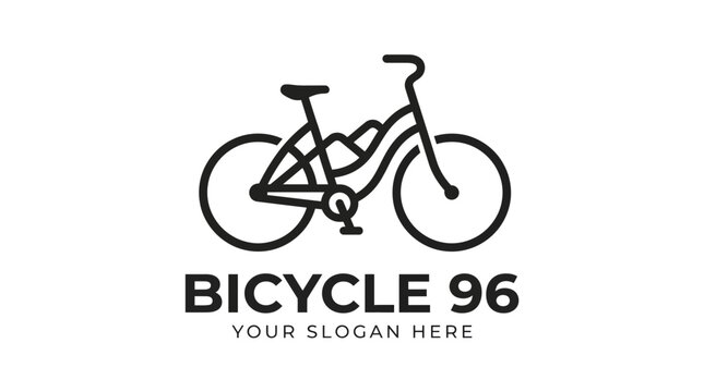 Minimalist bicycle logo design with mountain silhouette integrated into the frame.