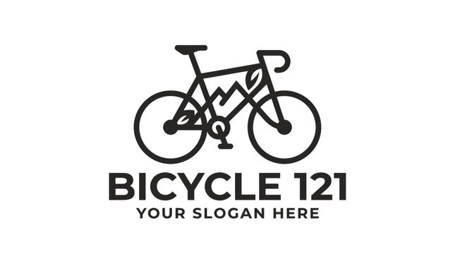 Minimalist bicycle logo design with mountain silhouette and leaf icon.