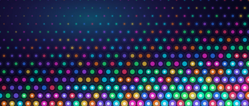 Abstract digital background featuring vibrant glowing circles creating dynamic light effect patterns across dark space with colorful neon dotted texture