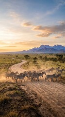 Naklejka premium herd of wild zebras crossing dirt road in african savanna during golden sunset. majestic mountains in background. safari travel, wildlife nature conservation, animal migration concept. copyspace.