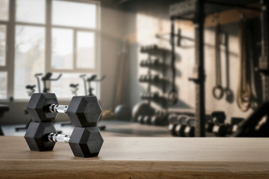 Dumbbells on wooden bench with blurred gym interior &ndash; fitness and strength training concept
