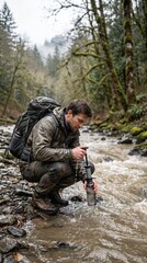Fototapeta premium caucasian male hiker filtering water from forest river using portable pump purifier. outdoor survival, wilderness adventure, and camping concept. travel blog, sporting goods