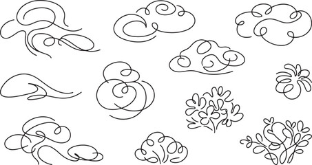 Naklejka premium Hand drawn continuous line art clouds and floral elements set