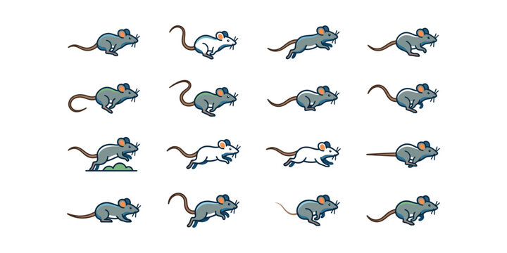 Collection of stylized mouse character animation frames for game design.
