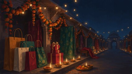 Naklejka premium Festive street market illuminated with glowing diyas and holiday decorations during evening celebrations