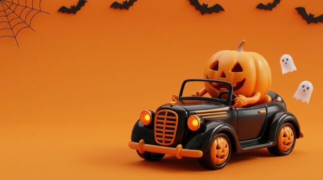 A cute 3d jackolantern pumpkin character driving a vintage black car with glowing headlights, decorated with bats and ghosts on orange background