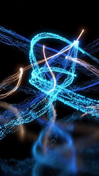 Abstract Light Trails Swirling and Looping in a Dynamic, Futuristic Motion Graphics Animation. Energetic Blue and Gold Particles Flow.