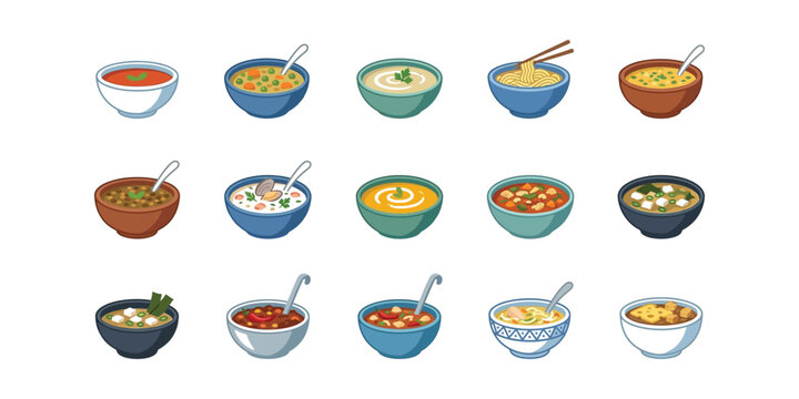 Collection of various soup and noodle bowl illustrations.