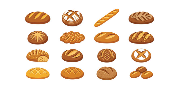Collection of various types of artisanal bread loaves and baked goods.