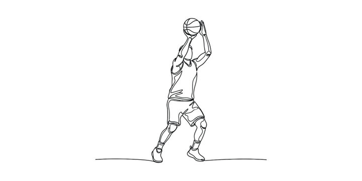 Continuous line drawing of a basketball player shooting a ball.
